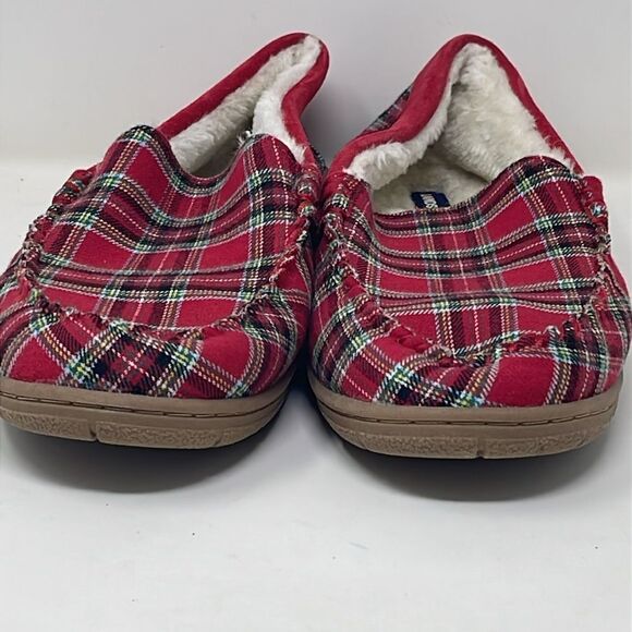 Land\'s End Men’s Holiday Plaid Flannel Moccasin Slippers, NWOT, men’s US 9B